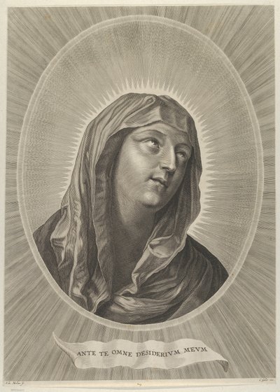 A cabeça da Virgem olhando para a direita, em moldura oval, depois de Reni, ca. 1..., aprox. 1650-67. de Adrian van Melar