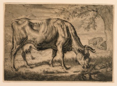 Vaca e duas ovelhas ao pé de uma árvore de Adrian van de Velde