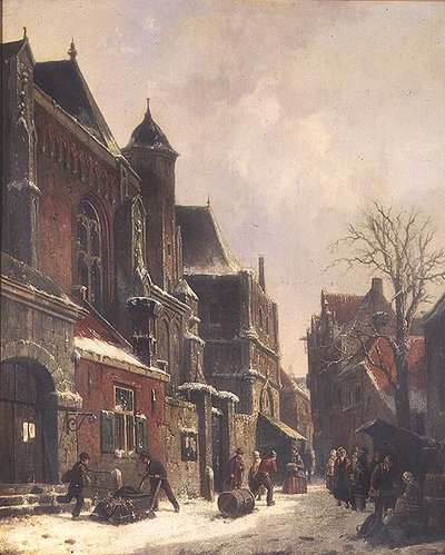 Uma cena de rua holandesa com figuras de uma igreja de Adrianus Eversen