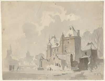 Vista de um castelo imaginado(?) perto de uma cidade de Adrianus Eversen
