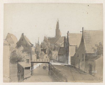 Vista de um canal em Haarlem, ao fundo St. Bavo Haarlem (título no objeto) de Adrianus Eversen