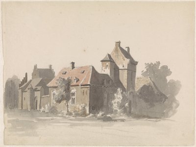 Vista de um conjunto de casas com portão da cidade(?) de Adrianus Eversen