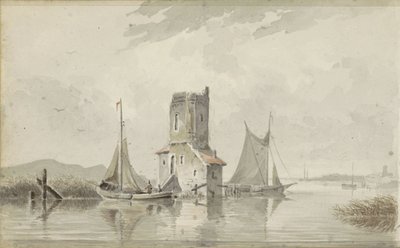 Paisagem do rio com uma torre de Adrianus Eversen
