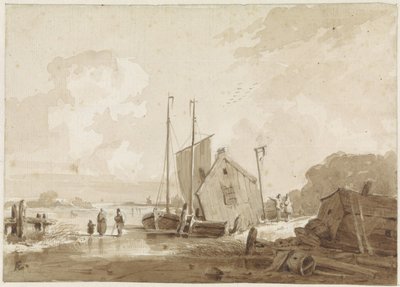 Cena de Inverno com figuras perto de barcos numa casa de barcos de Adrianus Eversen