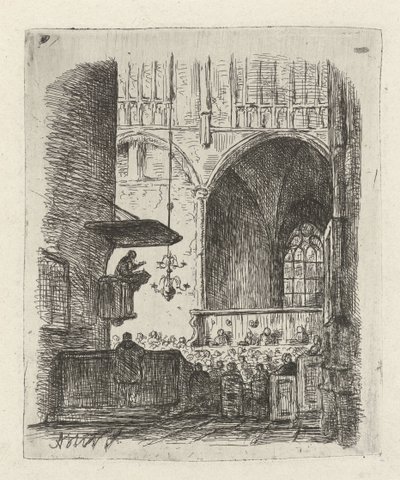 Interior da igreja com serviço de igreja de Adrianus Wilhelmus Nieuwenhuyzen