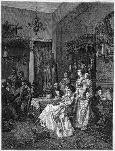 Concerto de amadores num estúdio de artistas. Gravura após a pintura de Adrien Moreau (1843-1906) em "The Illustrous Universe". de Adrien (after) Moreau
