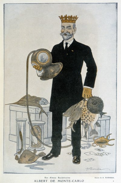 Albert 1er de Monaco (1848-1922), fundador do Museu Oceanográfico de Monte Carlo - Ilustração de Adrien Barrere (1877-1931) Em Fantasio em 15/04/1914 de Adrien Barrere