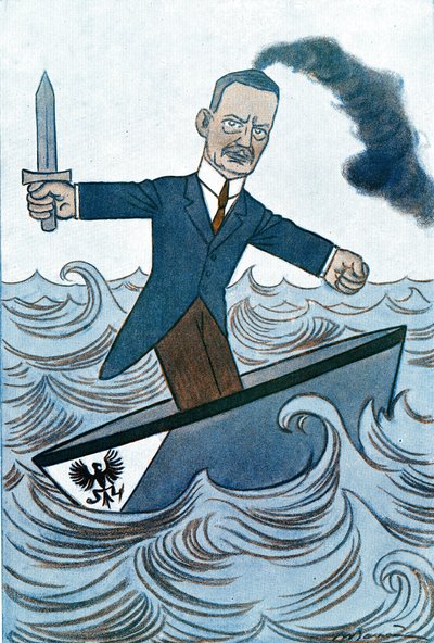 Cartoon de Wilhelm Cuno (1876-1933), político alemão responsável pelos assuntos marítimos. Desenho de Adrien Barrere (1877-1931) de Fantasio de Adrien Barrere