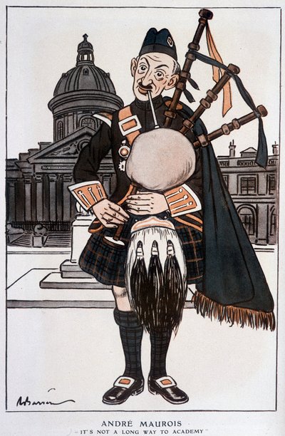 Cartoon in Academician de André Maurois (pseudônimo de Emile Herzog), romancista, ensaísta e historiador francês (1885-1967) - por Barrère, em "Fantasio" de 15/04/1929 de Adrien Barrere