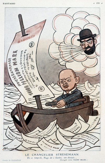 Desenho animado sobre o Chanceler alemão Gustav Stresemann (1878-1929) e a Desvalorização da Marca - Ilustração de Adrien Barrere (1877-1931) em "Fantasio" de 01/11/1923 de Adrien Barrere