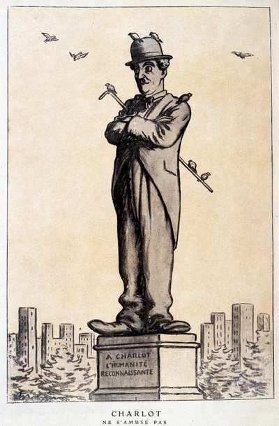 Charlot em estátua com escrita no plinto: "A Charlot, the grateful humanity" ("Charlot ne s