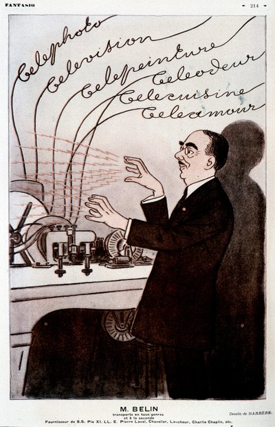 Imagem humorística sobre Belin e seu belinógrafo - por Barrère, em "Fantasio" de 01/12/1931 de Adrien Barrere