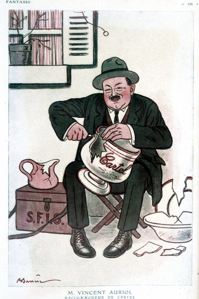 Sr. Vincent Auriol, Cartel Raccommodeur: desenho humorístico sobre Vincent Auriol (1884-1938), sobre o SFIO (S.F.I.O.) e o Cartel des gauche. Desenho de A. Barrere - em "Fantasio" de 15/02/1929. de Adrien Barrere