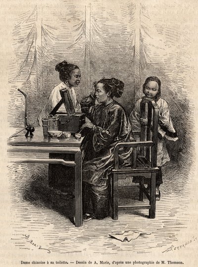 A senhora chinesa tem a casa de banho dela. Gravura depois do desenho de A. Marie, para ilustrar a viagem a Pequim e ao Norte da China, de T. Choutze, em 1873, publicado em "Le tour du monde" 1876, editado por Edouard Charton, edição Hachette, Paris. Coleç de Adrien Emmanuel Marie