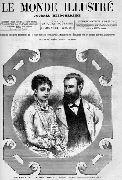 Retrato de Daniel Wilson (1840-1919), político francês com sua esposa, Alice Grevy. Gravura de Adrien Marie. Um dos "The Illustrious World" No. 1282 de 22 de outubro. de Adrien Emmanuel Marie