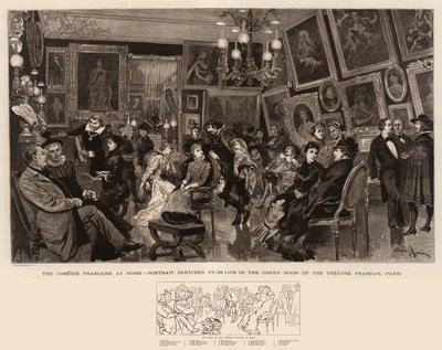 A Comédie Française em casa, retrato esboça da vida na sala verde do teatro Francais, Paris de Adrien Emmanuel Marie
