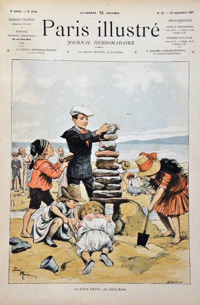 A Torre Eiffel Um grupo de crianças brincando em uma praia e realizando uma réplica da Torre Eiffel com pedras e areia. ilustração de Adrien Marie (1848-1891). Gravura de 1887 no "Paris-Illustrous journal weekly". de Adrien Emmanuel Marie
