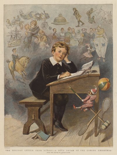 A carta de férias da escola, o sonho de um menino do próximo Natal (chromolitho) de Adrien Emmanuel Marie