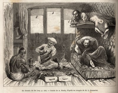 O interior de um vagão-cama dos caminhos-de-ferro das Índias Orientais, na rota para Azimgange, num compartimento grande, num cais amovível e num lavatório, bem como o pessoal do vagão que supervisiona o conforto dos passageiros, disponível para encerar bo de Adrien Emmanuel Marie
