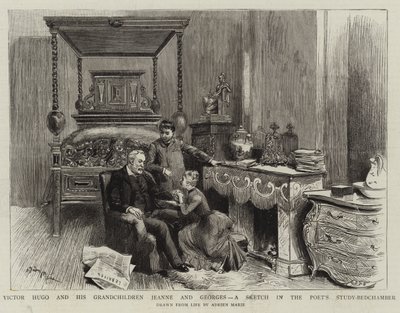 Victor Hugo e seus netos Jeanne e Georges, um esboço no estudo do poeta-Bedchamber de Adrien Emmanuel Marie