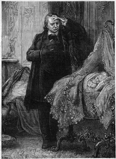 Victor Hugo a observar uma criança a dormir no seu berço. Ilustração da "História de um Crime" de Victor Hugo (1802-1885). Ilustração de M. A. Marie de Adrien Emmanuel Marie