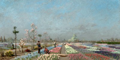 O Hyacinth Fields em flor no Van Houtte Nursery, Ghent com vista para a Igreja de São Nicolau, o Campanário e a Catedral de Saint Bavo além, 1883 de Adrien Louis Demont