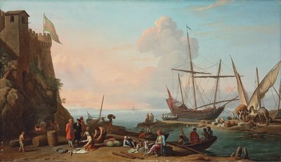 Um porto mediterrâneo com estivadores descarregando seus navios, figuras vendendo peixe em primeiro plano por uma fortaleza de Adrien Manglard