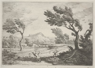 Paisagem com viajantes em um vento forte, c.1753 (gravura) de Adrien Manglard