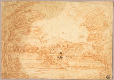 Paisagem fluvial com edifícios de Adrien Manglard