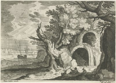 Aqueduto com cachoeira Paisagens do Tirol (título da série) de Egidius  Sadeler (II)
