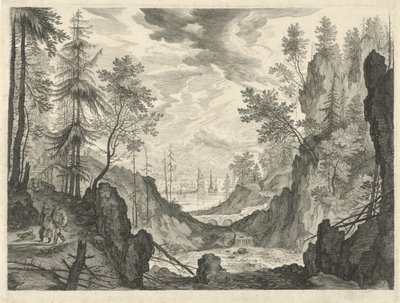 Paisagem florestal com uma queda de água
Paisagens de montanha do Tirol (título da série) de Egidius  Sadeler (II)