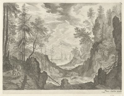 Paisagem da floresta com cachoeira Paisagens montanhosas do Tirol (título da série) de Egidius  Sadeler (II)