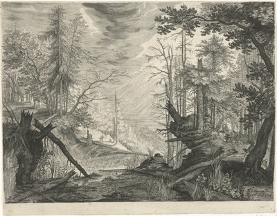 Três caçadores junto a um rio numa floresta
Paisagens de montanha do Tirol (título da série) de Egidius  Sadeler (II)