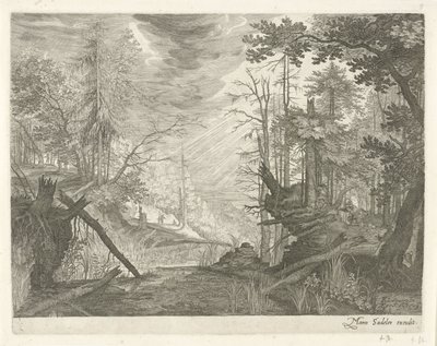 Três caçadores junto a um rio numa floresta
Paisagens de montanha do Tirol (título da série) de Egidius  Sadeler (II)