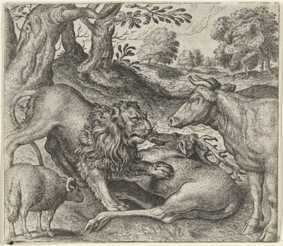 Fábula do leão, da vaca e das ovelhas na caça de Egidius  Sadeler (II)