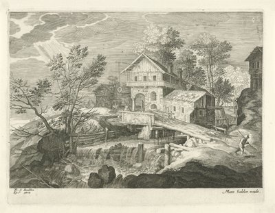 Pousada e algumas casas por uma ponte Paisagens do Tirol (título da série) de Egidius  Sadeler (II)