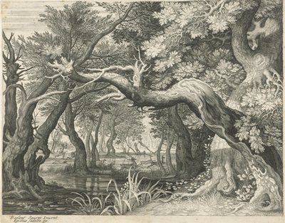 Caça de veados em um lago da floresta Seis paisagens (título da série) de Egidius  Sadeler (II)