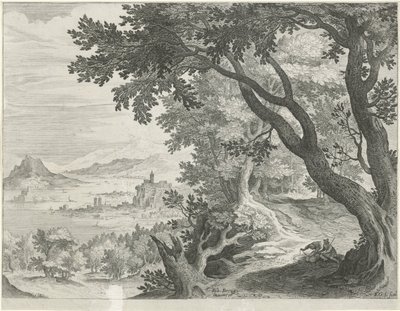 Paisagem com duas figuras debaixo de uma árvore de Egidius  Sadeler (II)