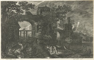 Cena noturna com pescadores em um rio Oito paisagens na Boêmia (título da série) de Egidius  Sadeler (II)