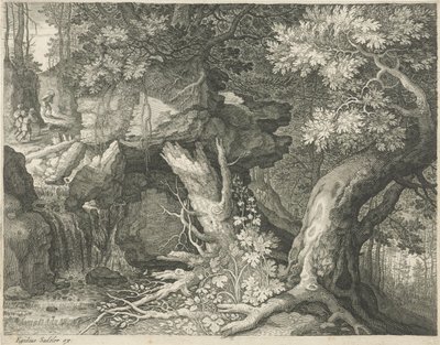 Viajantes acima de uma cachoeira Seis paisagens (título da série) de Egidius  Sadeler (II)