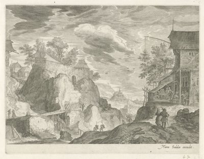 Paisagem rochosa com pousada e casas
Paisagens de montanha do Tirol (título da série) de Egidius  Sadeler (II)