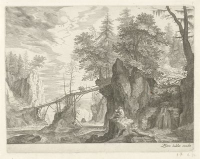 Desenhador sentado em uma pedra em frente a uma ponte Paisagens montanhosas do Tirol (título da série) de Egidius  Sadeler (II)