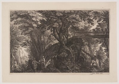 Uma floresta com uma ponte de madeira à direita, de Oito cenas da Boémia de Aegidius Sadeler II