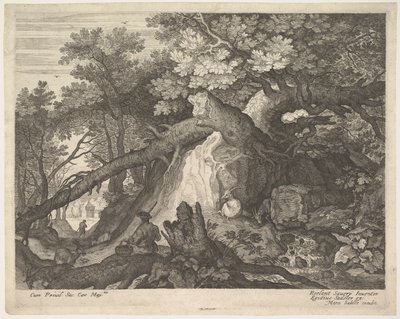 Um homem segurando um cajado e sentado em um tronco de árvore, com duas cabras de cada lado, surro ..., ca. 1600 de Aegidius Sadeler II