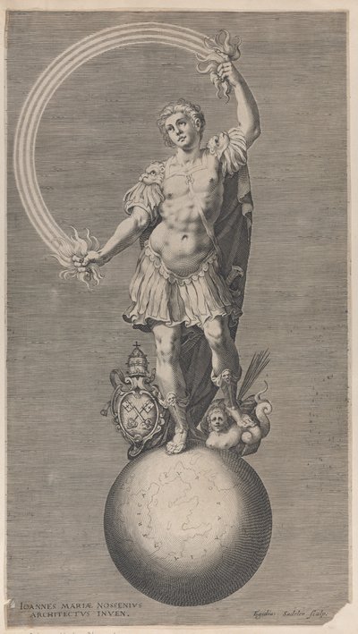Figura alegórica de um guerreiro de pé sobre um globo com o brasão papal a..., c. 1588-1629. de Aegidius Sadeler II