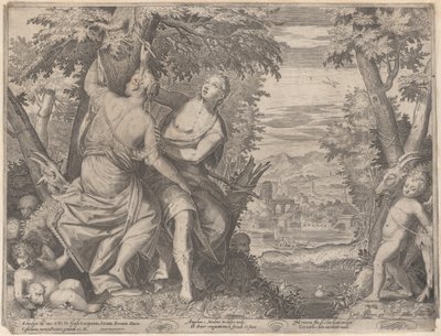 Angélica e Medoro, eles ficam ao lado de um riacho enquanto Medoro esculpe seus nomes em um tr..., 1590-98. de Aegidius Sadeler II