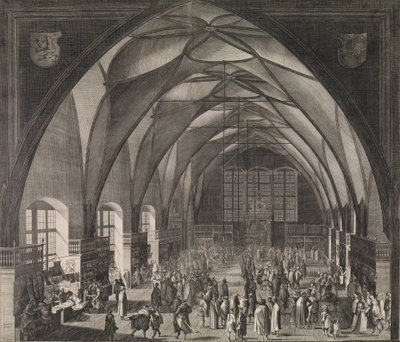 Vista interior do Vladislav Hall no Castelo de Praga durante a Feira Anual, 1607., 1607. de Aegidius Sadeler II
