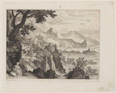 Paisagem montanhosa com o resto do voo para o Egito de Aegidius Sadeler II