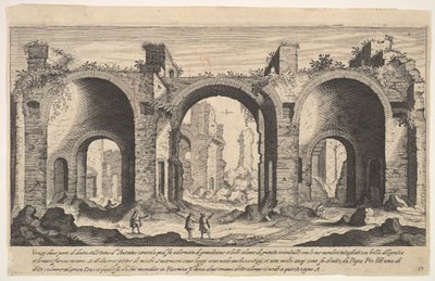 Ilustração 19: vista dos banhos de Caracalla, indicando com letra A inscrita os lugares ..., 1606. de Aegidius Sadeler II