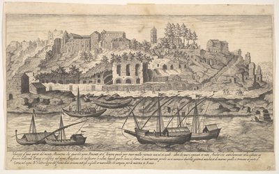 Ilustração 21: vista a oeste das ruínas do Monte Aventino, Roma, com barcos no rio ..., 1606. de Aegidius Sadeler II